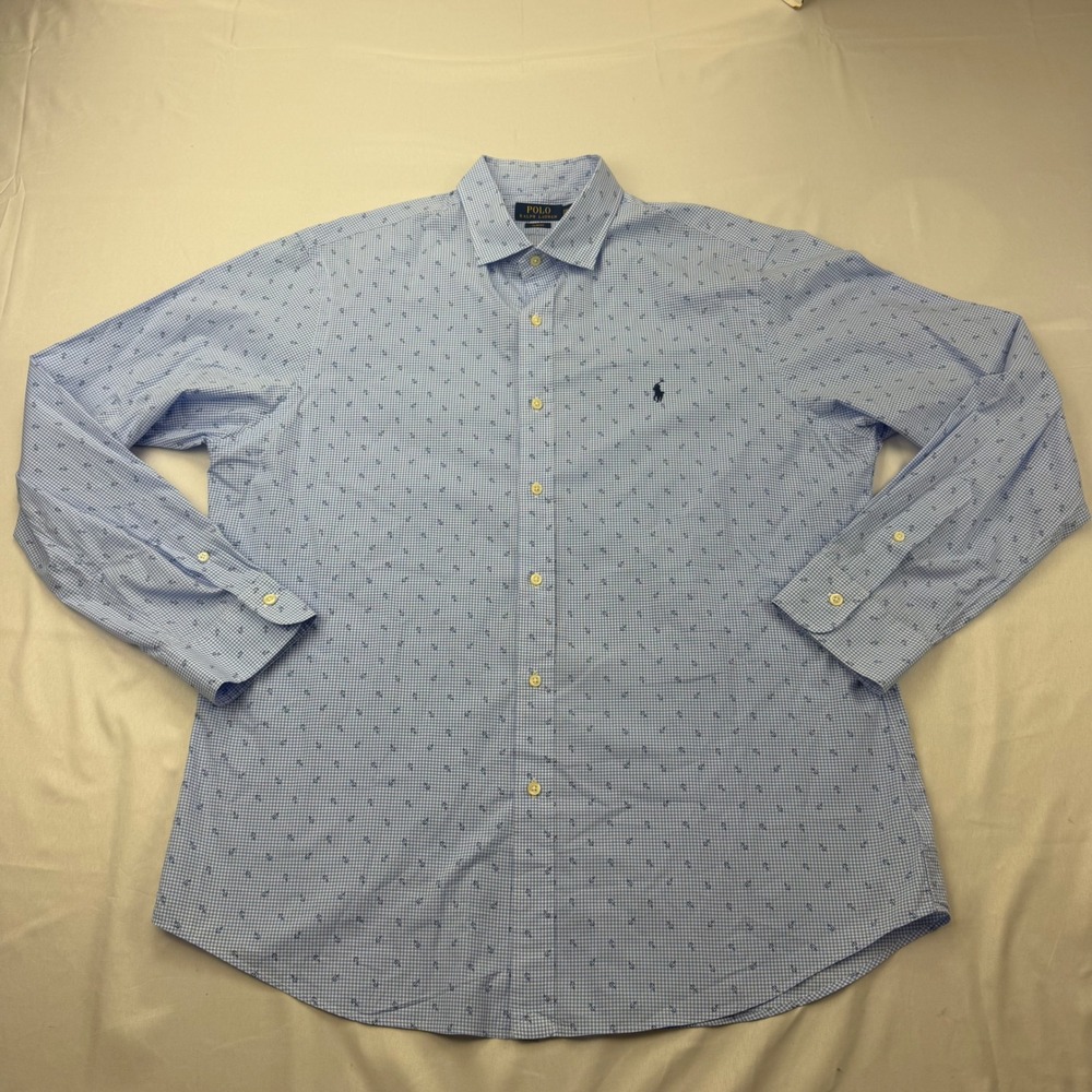 Polo Ralph Lauren Button Down Mens XXL Blue Anchor Gingham Slim Fit Long Sleeve